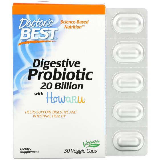 Пробиотик для пищеварения Digestive Probiotic 20 Billion with Howaru от Doctor's Best, 30 капсул, вегетарианский.
