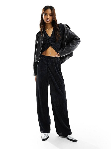 Pieces plisse high wasited wide leg trousers co-ord in black