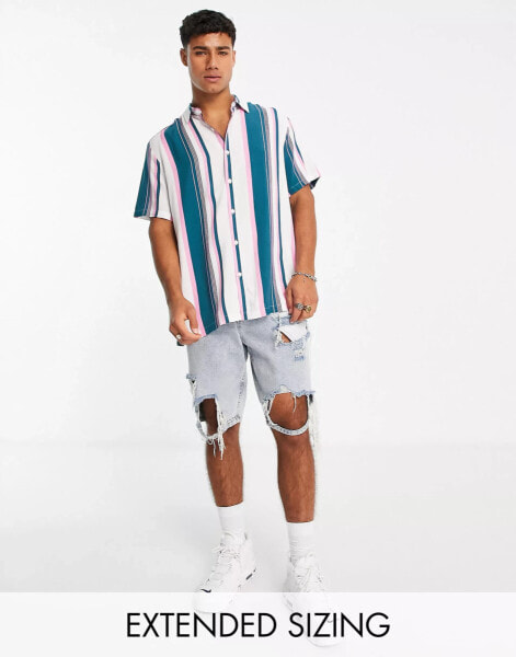 ASOS DESIGN relaxed stripe shirt in white & teal