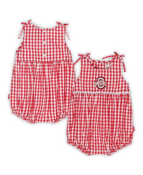 Girls Infant Scarlet, White Ohio State Buckeyes Teagan Gingham Ruffled Romper