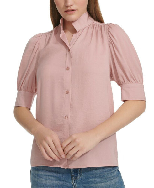 Women's Charmeuse Puff-Sleeve Stand-Collar Top