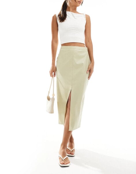 ASOS DESIGN leather look midi pencil skirt in sage