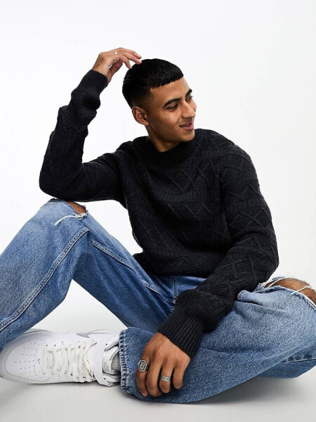 ONLY & SONS crew neck textured knitted jumper in navy