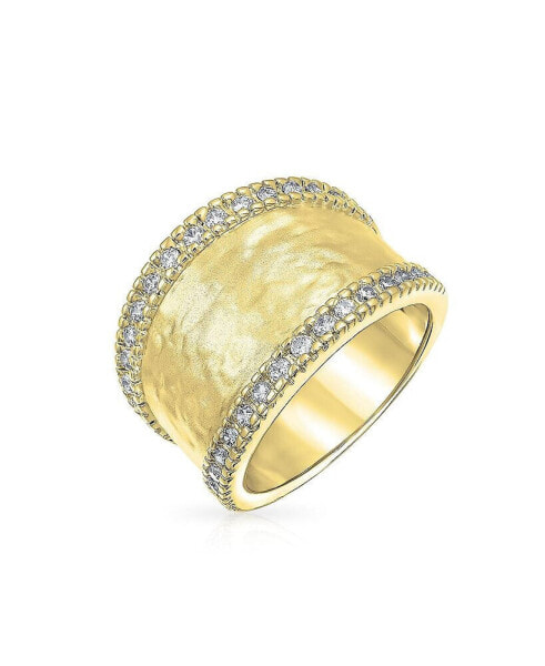 Modern Style CZ Accent Band Fashion Statement Brushed Hammered Matte Finish Wide Band Ring For Women Yellow Gold Plated Brass Or Rhodium Plated Brass