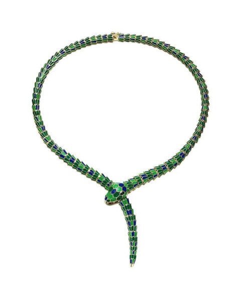 Enchanting Emerald Cubic Zirconia Snake Collar Necklace in 14k Yellow Gold Plating with Blue & Green Enamel