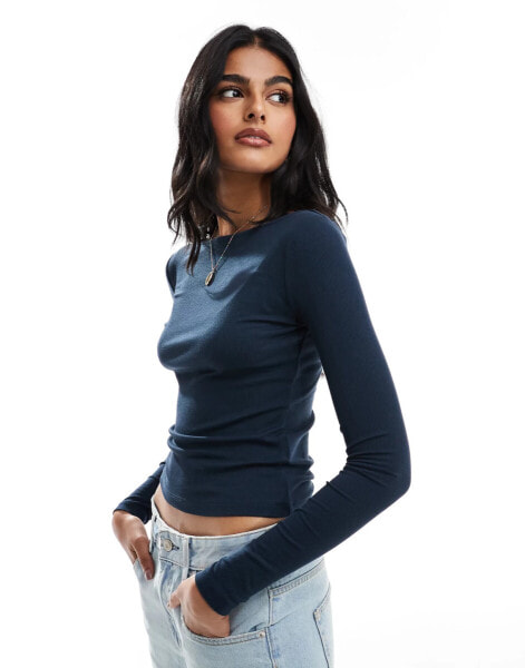 Cotton On crew neck long sleeve crop top in ash navy