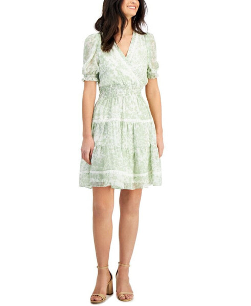 Petite V-Neck Short-Sleeve Chiffon A-Line Dress