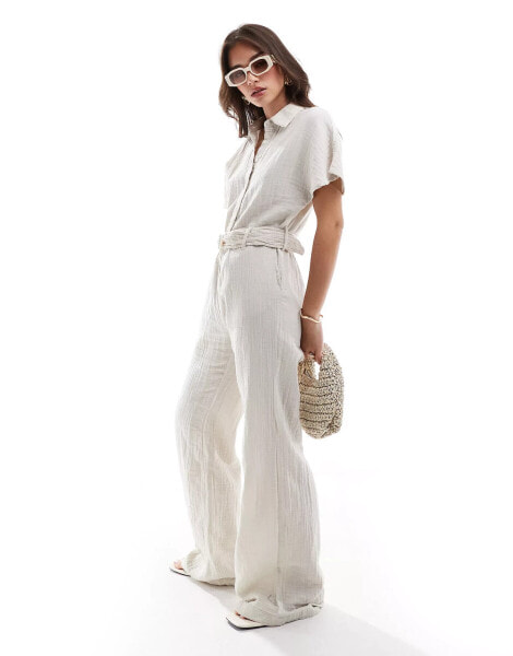 Mango belted short sleeve jumpsuit in light beige