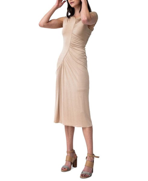 Women's Asymmetric-Neck Shirred Midi Dress