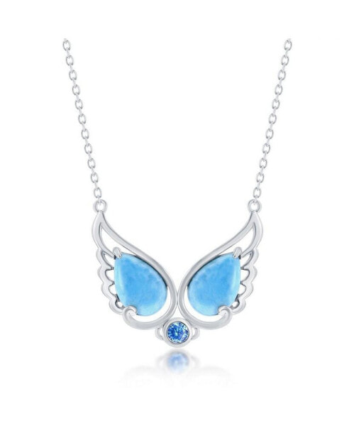 Sterling Silver Double Larimar Angel Wings w/ Round Aqua CZ Necklace