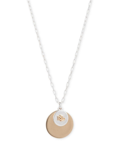 Two-Tone Logo Disc Pendant Necklace, 16" + 3" extender