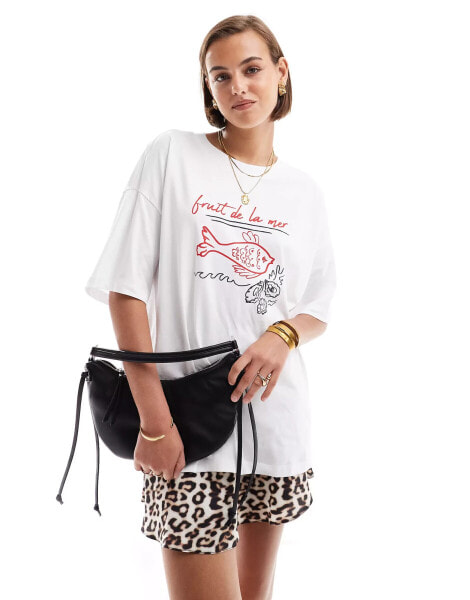 ASOS DESIGN oversized t-shirt with fish graphic in white