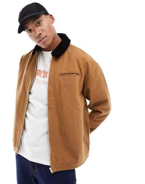 ASOS DESIGN oversized washed harrington jacket with cord collar in tan