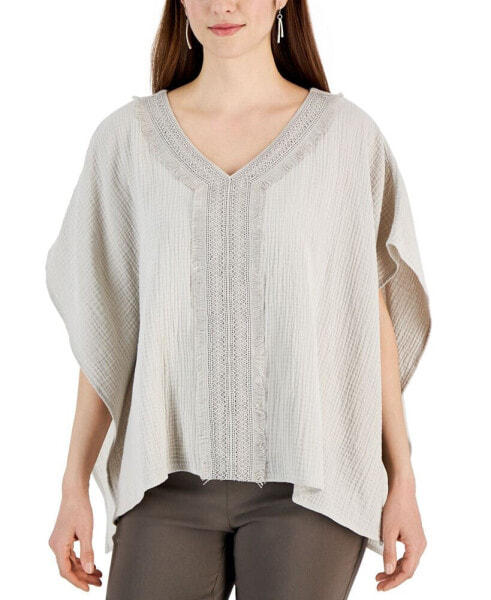 Women's Lace-Trim V-Neck Gauze Poncho Top, Created for Macy's