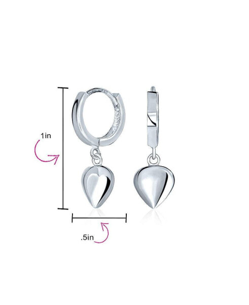 Delicate Romantic .925 Sterling Silver Dangle Puff Heart Shaped Charm Huggie Hoop Earrings For Women For Girlfriend