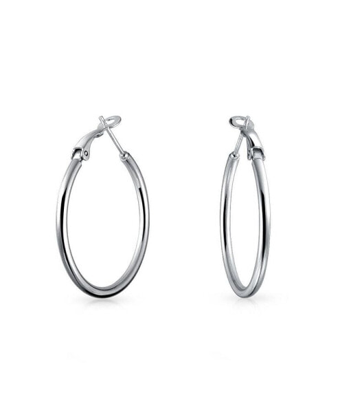 Simple Plain Finish Round Tube Hoop Earrings For Women Sterling Silver Hinged Notched Post 1.4 Inch Diameter