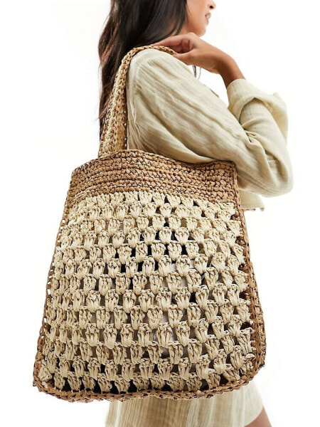 Glamorous two tone straw beach tote bag in natural