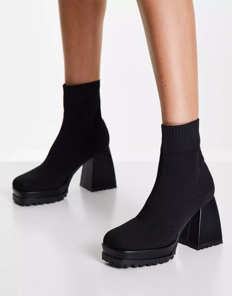 Ego Malayah chunky heeled boots in black knit