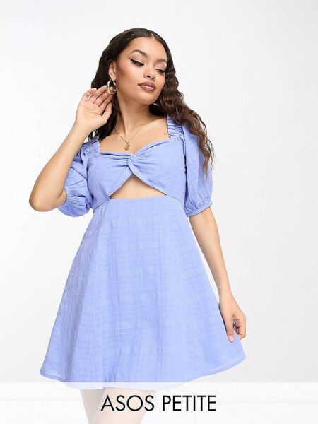 ASOS DESIGN Petite knot front mini dress in check dobby in blue