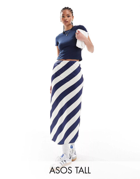 ASOS DESIGN Tall satin bias midi skirt in navy stripe