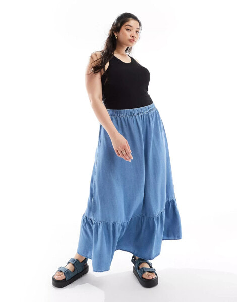 Vero Moda Curve layered maxi skirt in medium blue denim