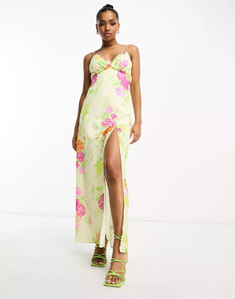 The Frolic bloom floral print asymmetric ruffle maxi dress in multi