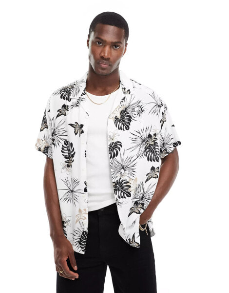 Jack & Jones revere collar shirt in white palm print