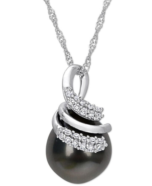 Macy's cultured Tahitian Pearl (9mm) & Diamond (1/10 ct. t.w.) Swirl 17" Pendant Necklace in 14k White Gold