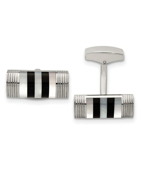 Stainless Steel Polished Mother of Pearl and Onyx Cufflinks