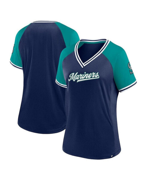 Women's Navy Seattle Mariners Glitz Glam League Diva Raglan V-Neck T-Shirt