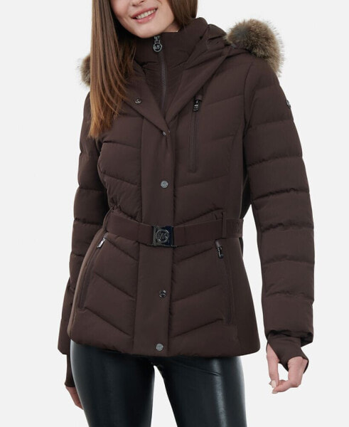 Women's Belted Faux-Fur-Trim Hooded Puffer Coat