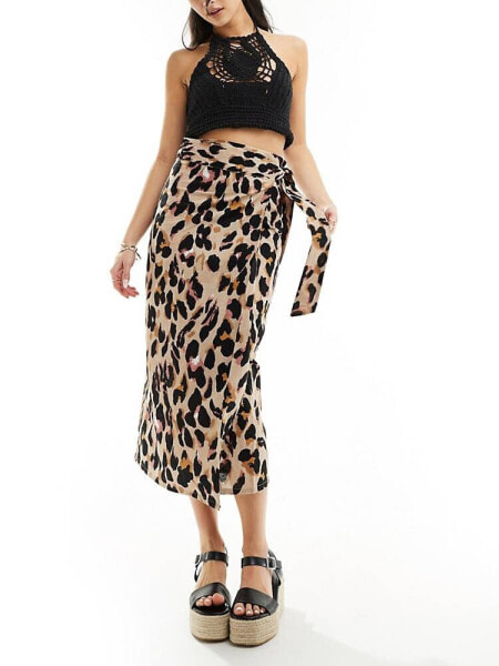 Never Fully Dressed Jaspre linen midaxi skirt in leopard