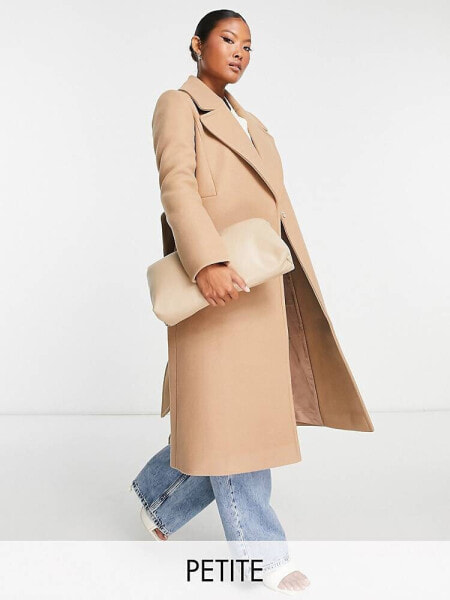 Forever New Petite formal wrap coat with tie belt in camel