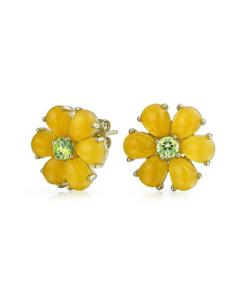 Lemon Yellow Dyed Quartz Garden Flower Stud Earrings: Button-Style with Green CZ, Non-Pierced for Women - 14K Gold-Plated .925 Sterling Silver