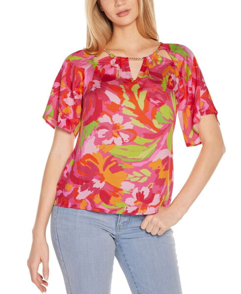 Women's Abstract Floral Cutout Detail Top