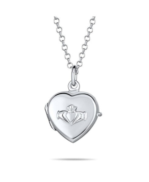 Dainty Irish Religious Heart BFF Celtic Holding Hands Claddagh Locket Women Teens Necklace Photo Holder Keep Sake Pictures Frame.925 Sterling Silver