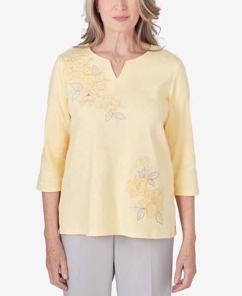Petite Charleston Keyhole Neck Floral Embroidered Top