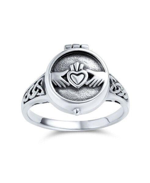 BFF Celtic Irish Friendship Couples Promise Heart Memorial Keepsake Claddagh Locket Ring For Men For Women Oxidized .925 Sterling Silver