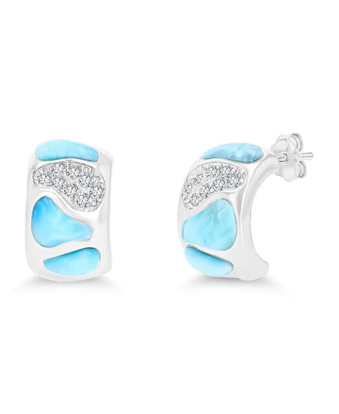 Larimar and Cubic Zirconia Accent Mosaic Half Hoop Earrings in Sterling Silver
