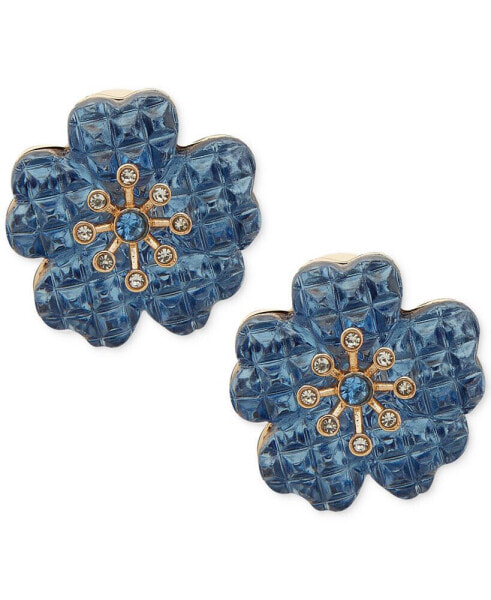 Gold-Tone Pavé & Blue Crystal Flower Clip-On Button Earrings
