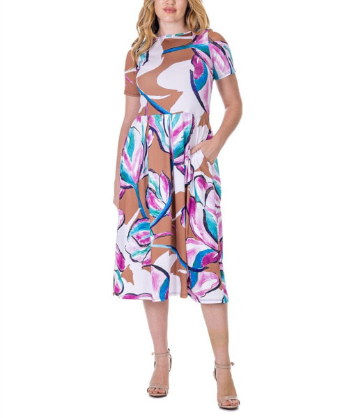 Print Short Sleeve Pleated Flare Midi Pocket Dress