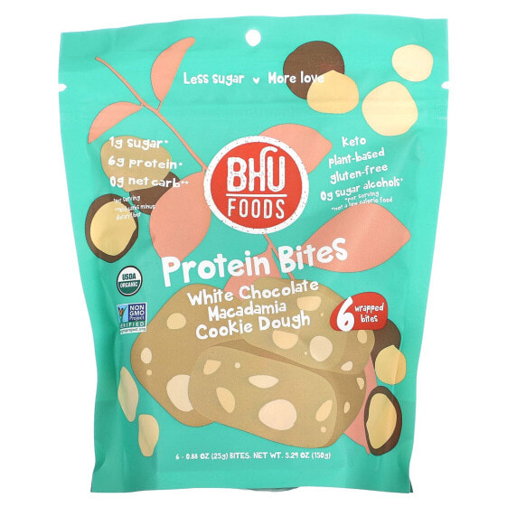 BHU Foods, Protein Bites, тесто для печенья с макадамией и белым шоколадом, 6 кусочков, 25 г (0,88 унции)