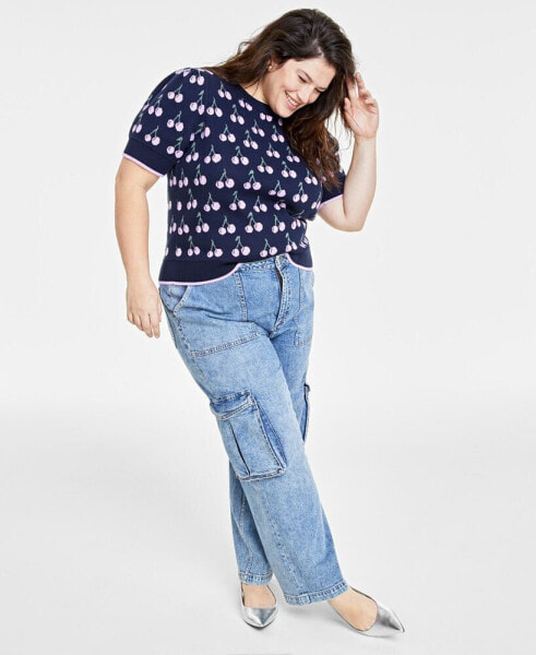 Trendy Plus Size Cherry Jacquard Short-Sleeve Sweater, Created for Macy's