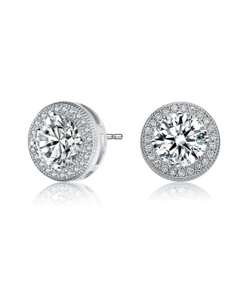 Sterling Silver with Rhodium Plated Clear Round Cubic Zirconia Solitaire Halo Stud Earrings
