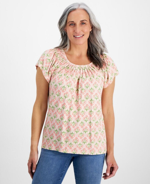 Petite Flower Bunch Pleat-Neck Top, Created for Macy's