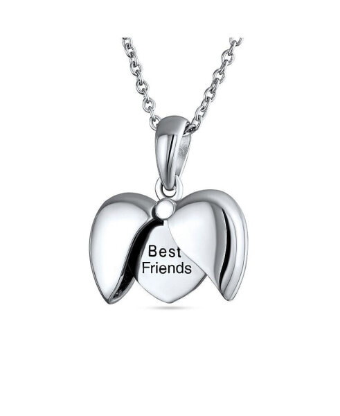 Delicate Saying BEST FRIENDS BFF Angel Wing Heart Shape Locket Necklace Pendant For Women Sterling Silver