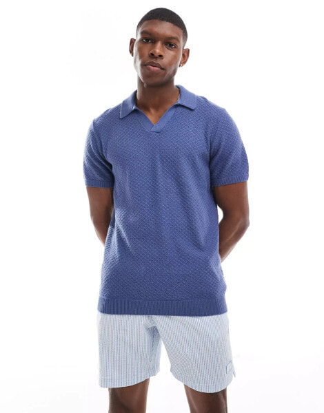 Hollister closed stitch raised stripe knit polo in mid blue