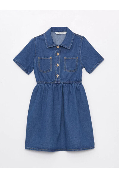 Kısa Kollu Kız Çocuk Jean Gömlek Elbise