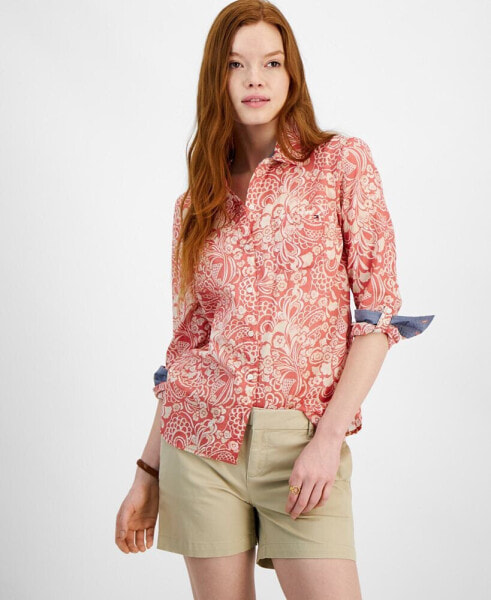 Women's Cotton Paisley Roll-Tab Shirt