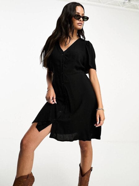 Vero Moda button through mini skater dress in black 